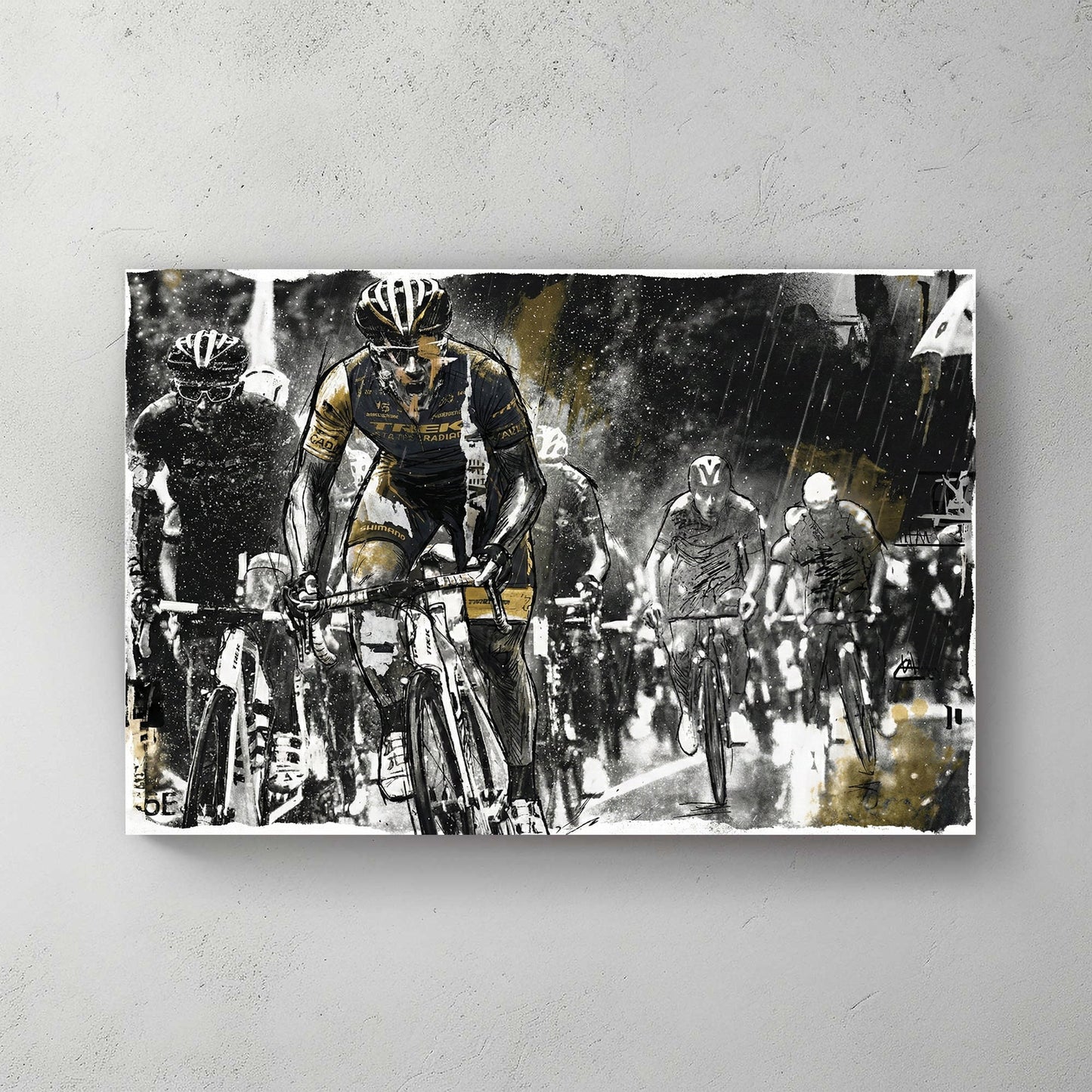 Cycling race watercolour wall art print with gold and grey tones