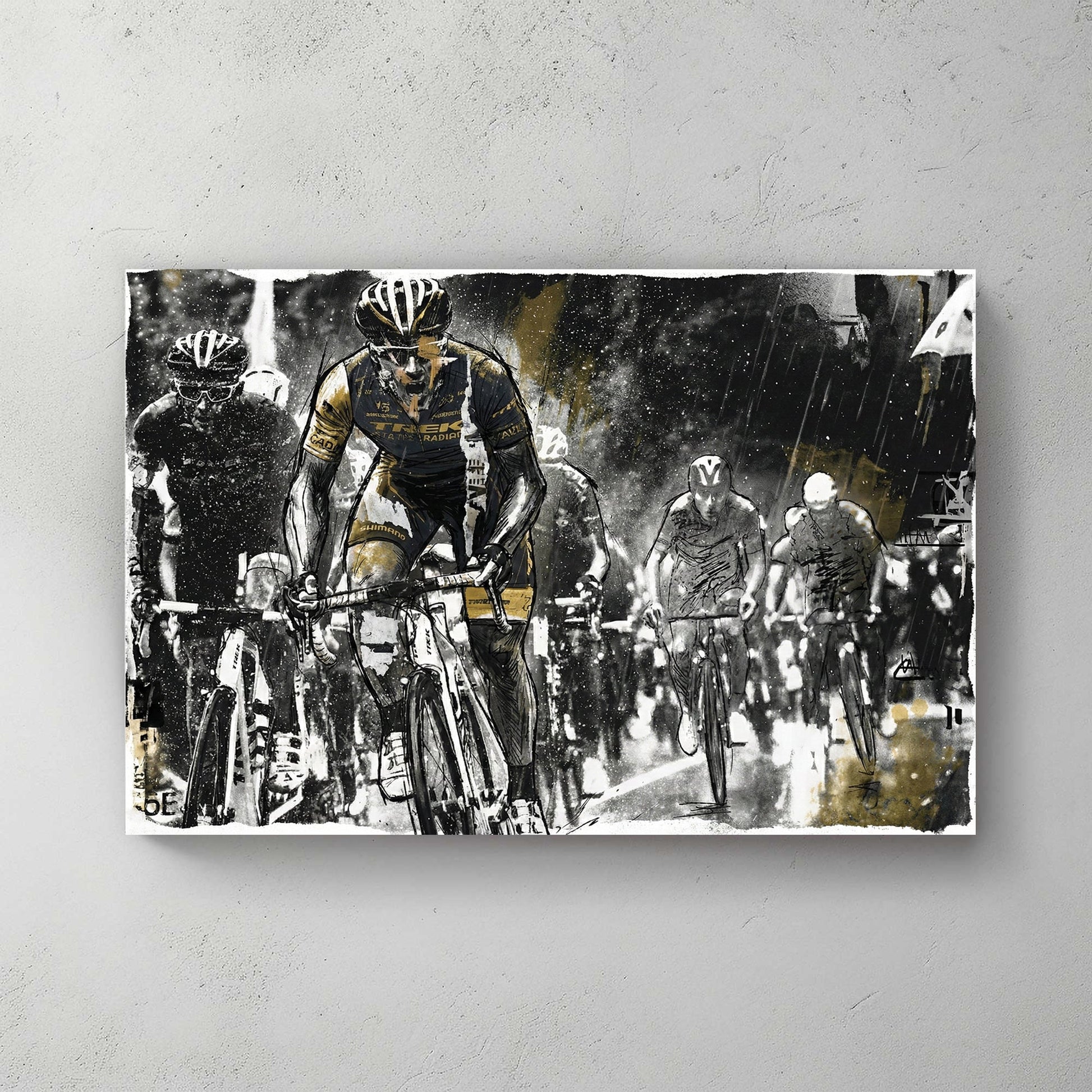 Cycling race watercolour wall art print with gold and grey tones