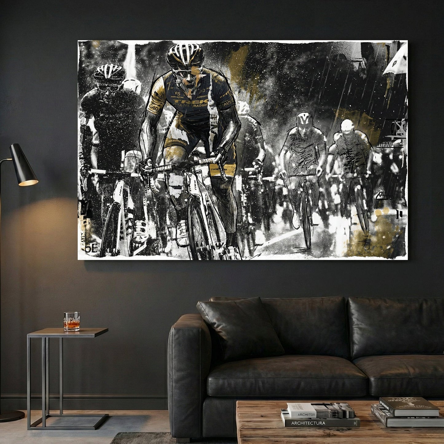Cycling race watercolour wall art print with gold and grey tones