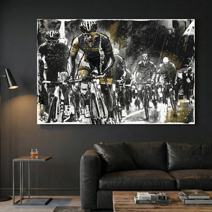Cycling race watercolour wall art print with gold and grey tones