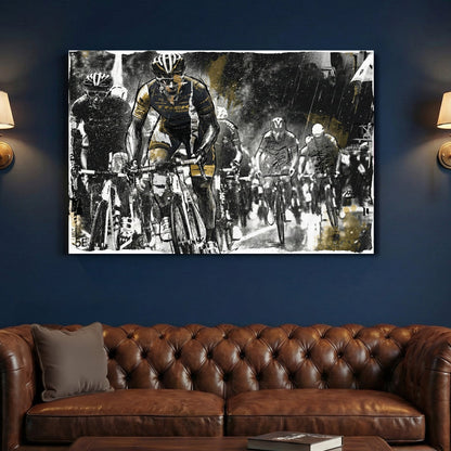 Cycling race watercolour wall art print with gold and grey tones