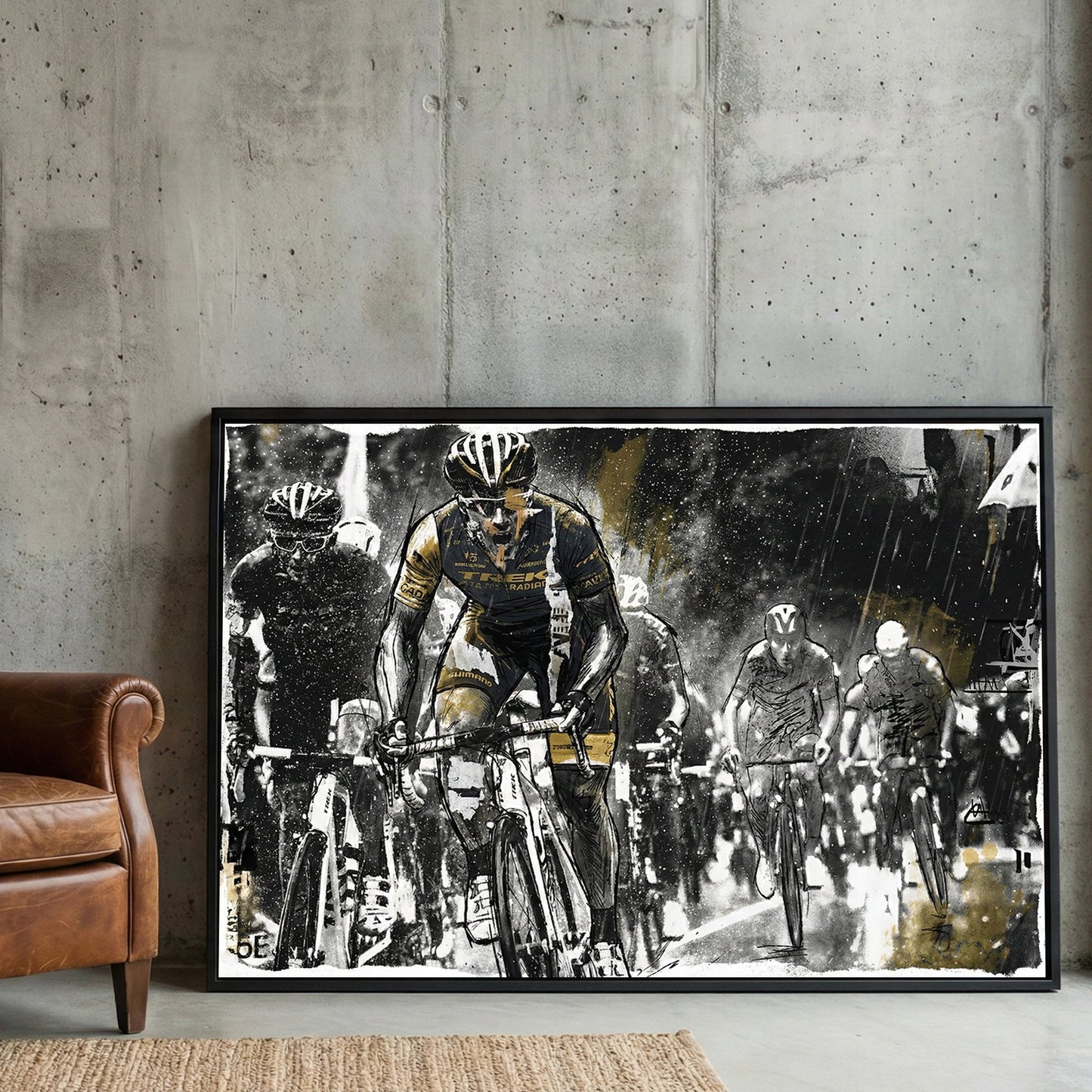 Cycling race watercolour wall art print with gold and grey tones