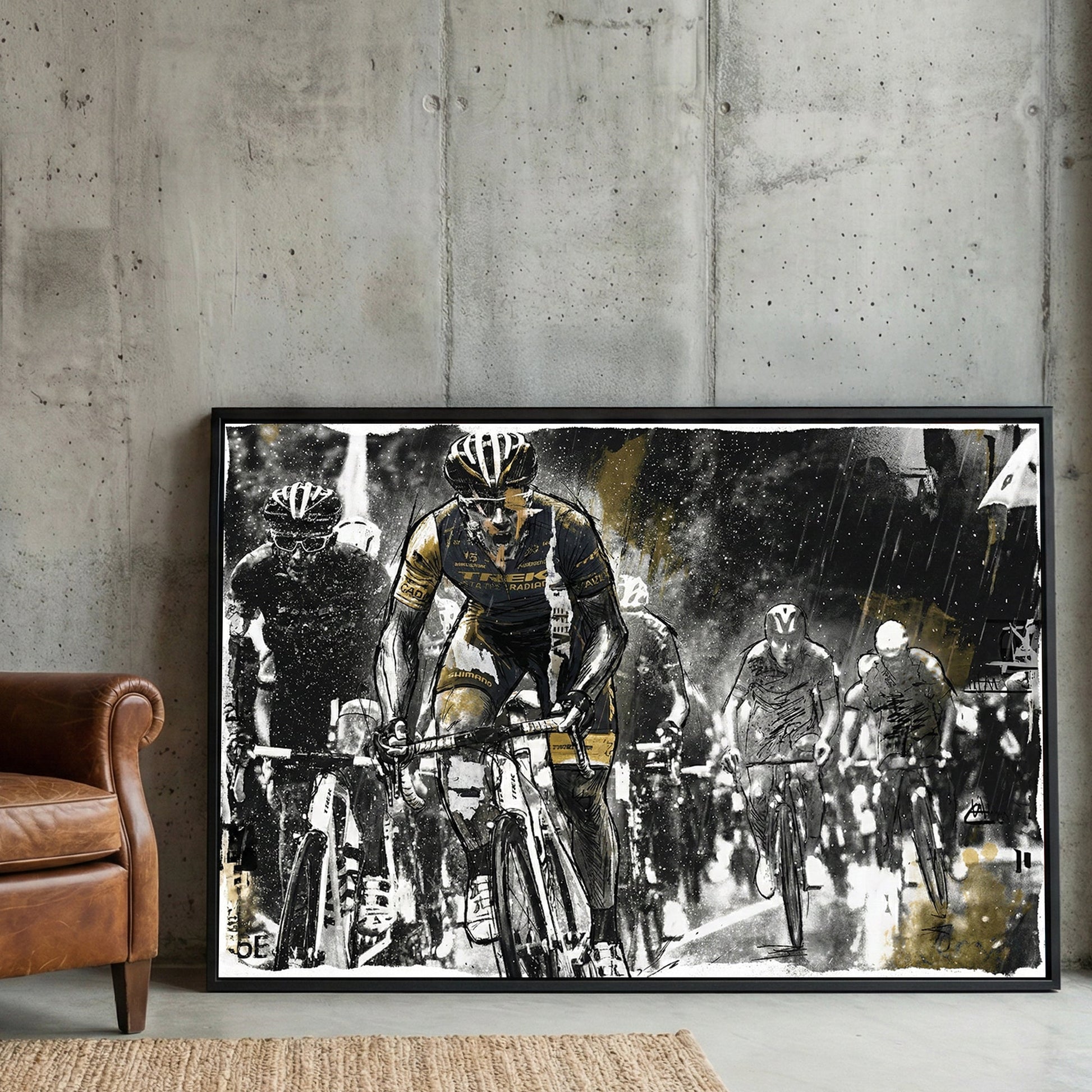 Cycling race watercolour wall art print with gold and grey tones