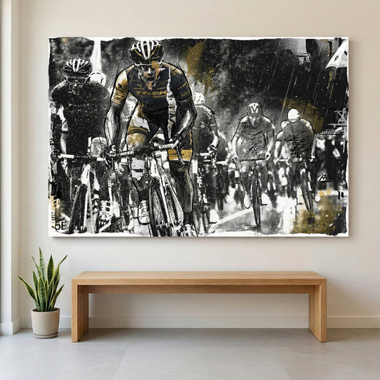 Cycling race watercolour wall art print with gold and grey tones