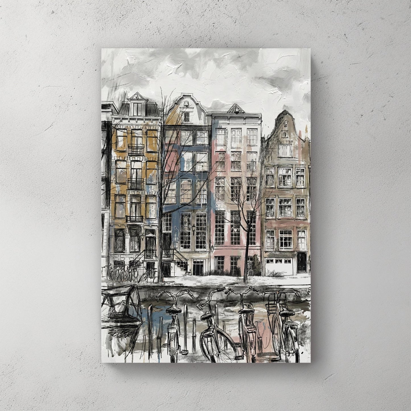 Amsterdam canal houses sketch wall art print with architectural detail