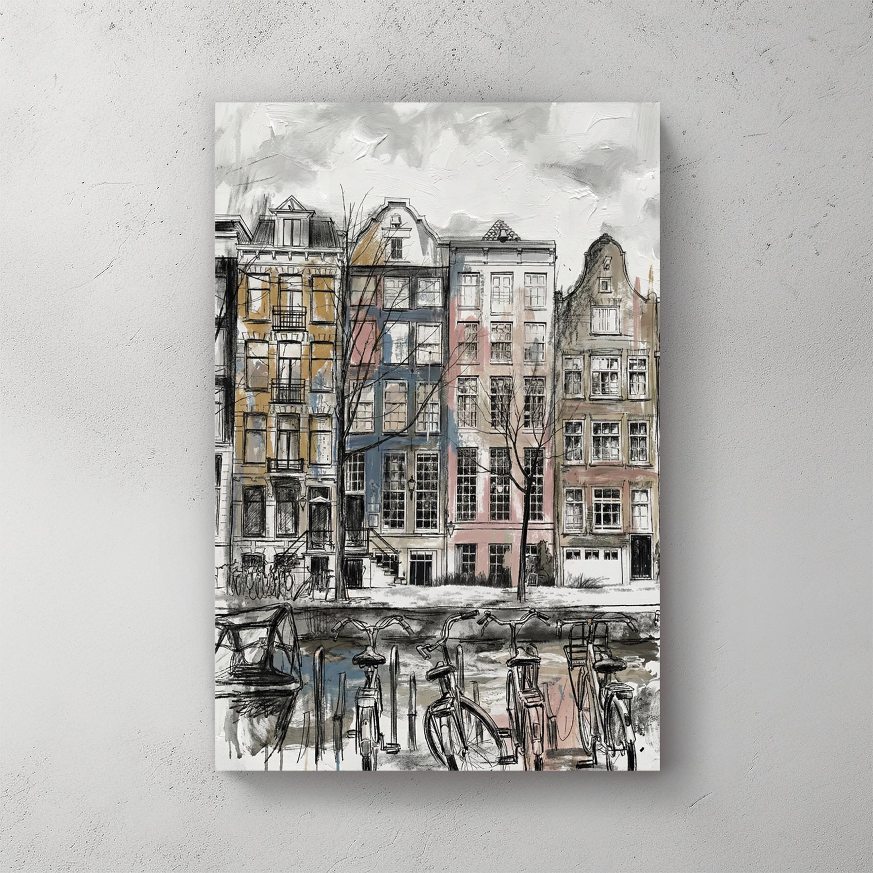 Amsterdam canal houses sketch wall art print with architectural detail