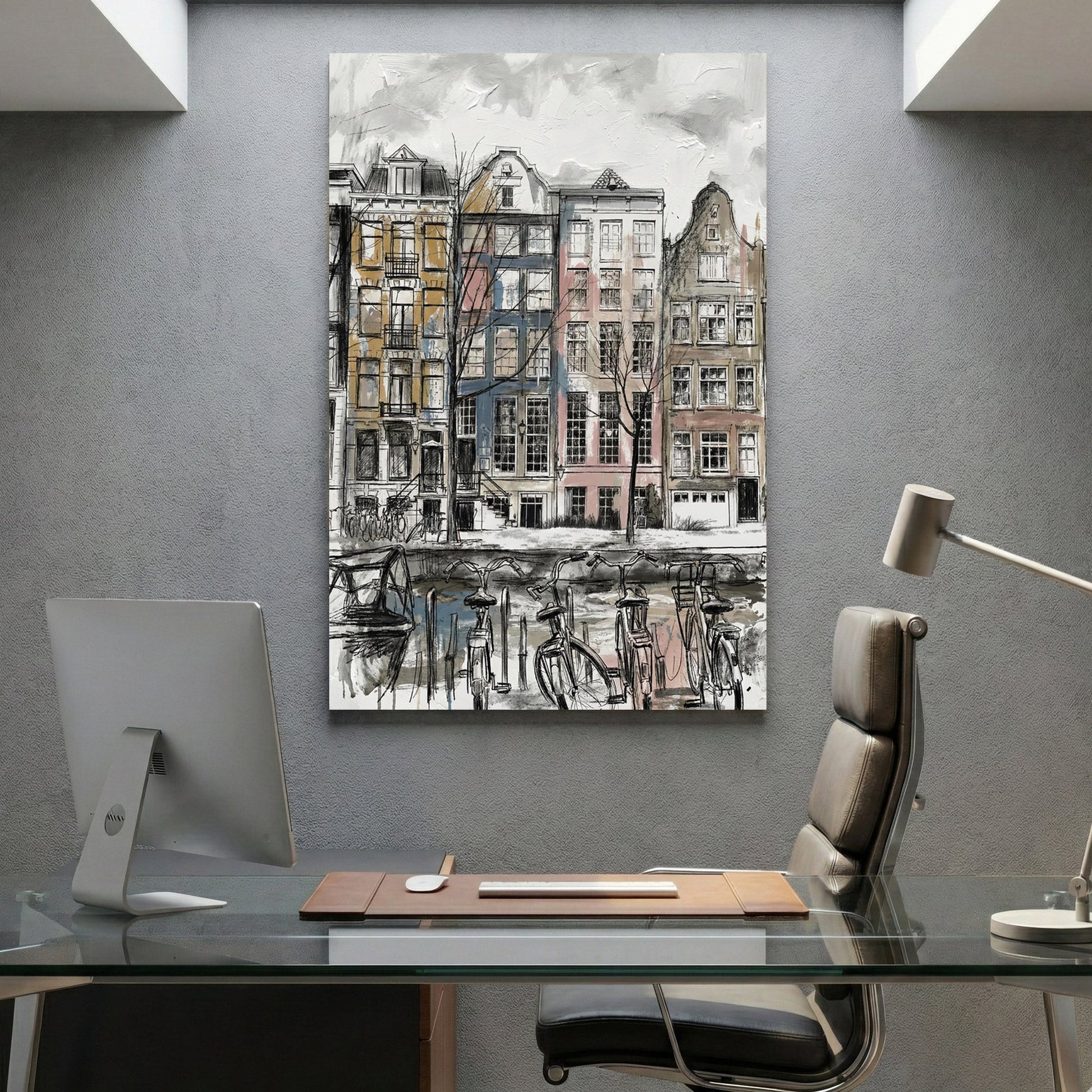 Amsterdam canal houses sketch wall art print with architectural detail