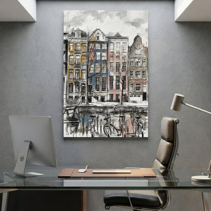 Amsterdam canal houses sketch wall art print with architectural detail