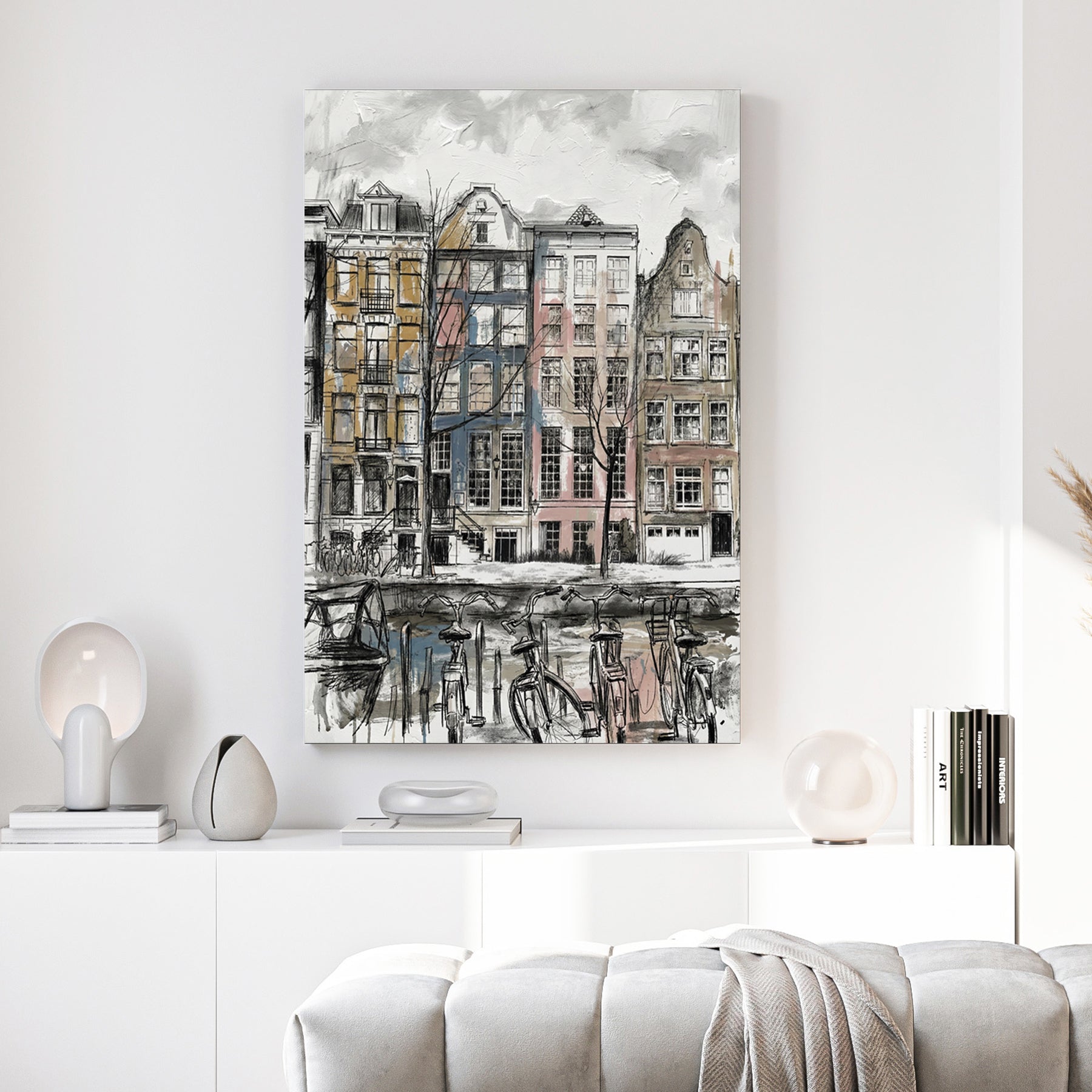 Amsterdam canal houses sketch wall art print with architectural detail