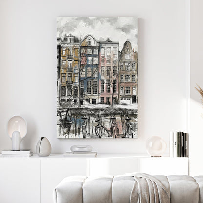 Amsterdam canal houses sketch wall art print with architectural detail