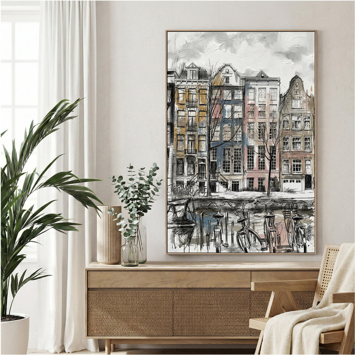 Amsterdam canal houses sketch wall art print with architectural detail