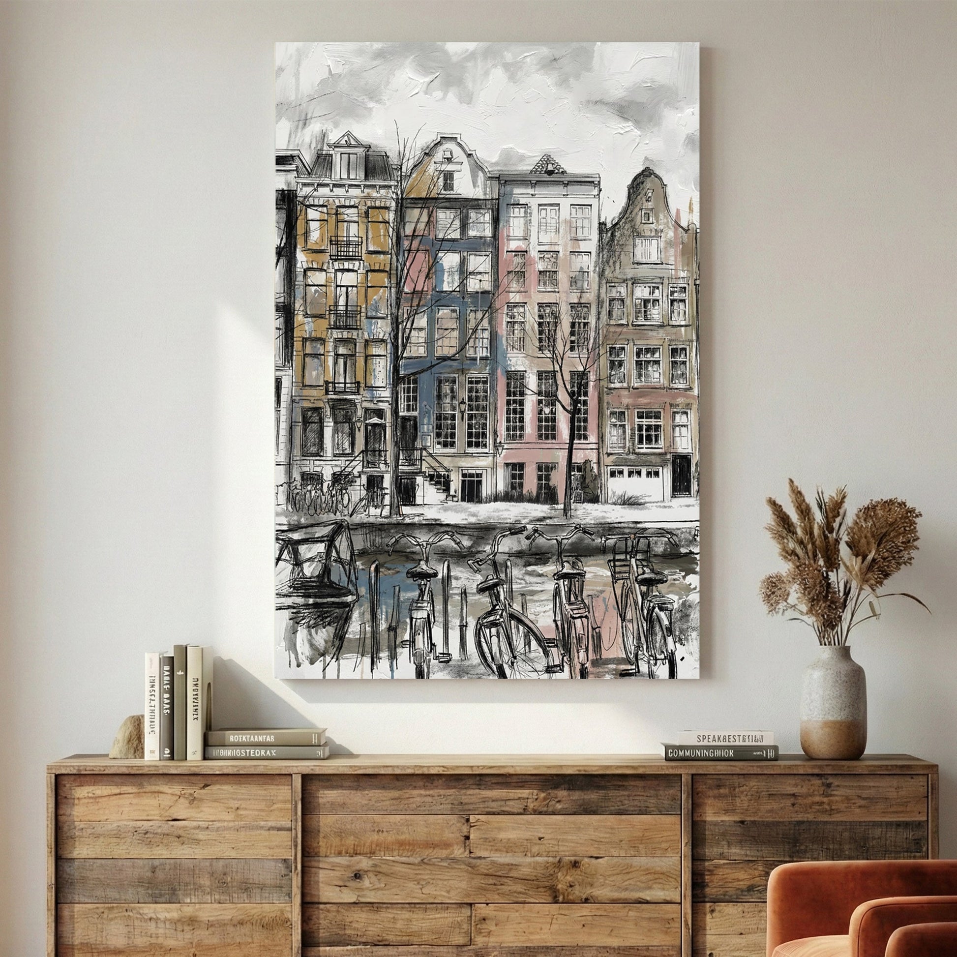 Amsterdam canal houses sketch wall art print with architectural detail
