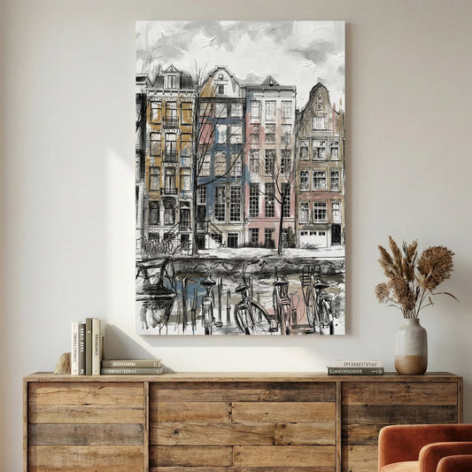 Amsterdam canal houses sketch wall art print with architectural detail
