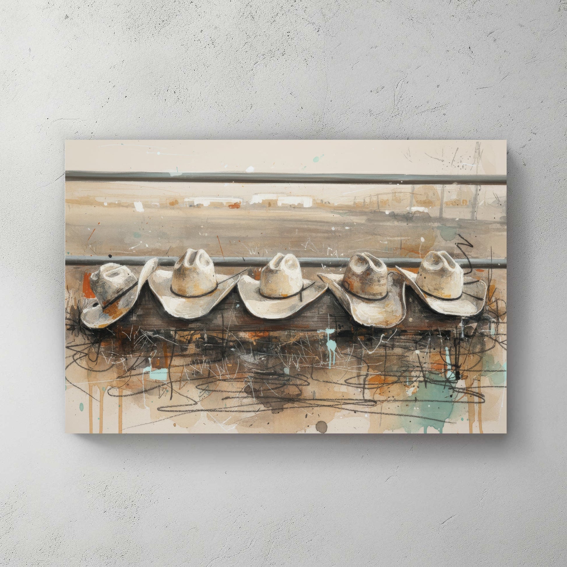 Cowboy hats line illustration wall art print with rustic tones
