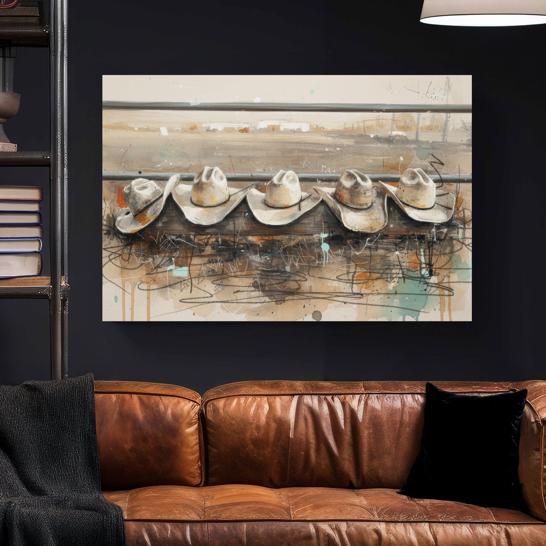 Cowboy hats line illustration wall art print with rustic tones