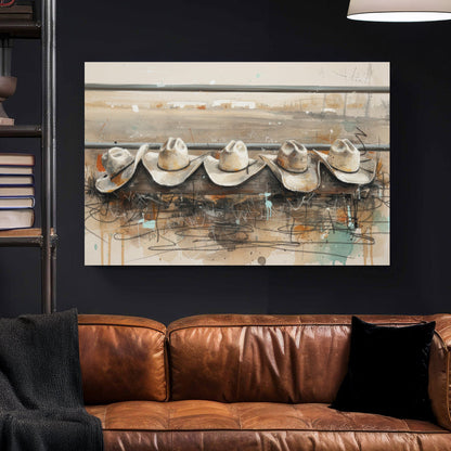 Cowboy hats line illustration wall art print with rustic tones