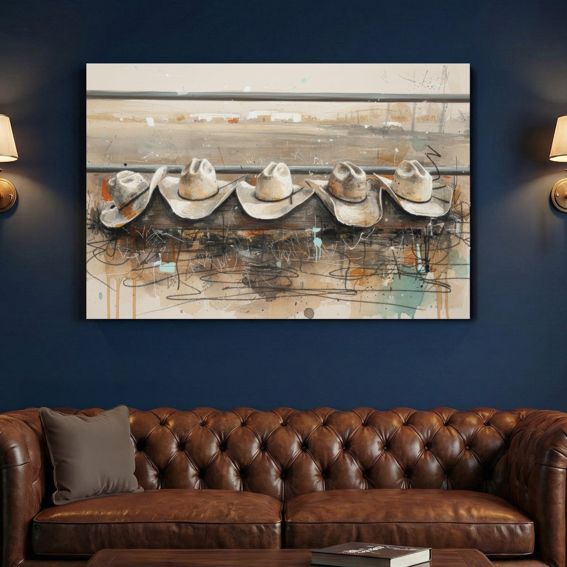 Cowboy hats line illustration wall art print with rustic tones