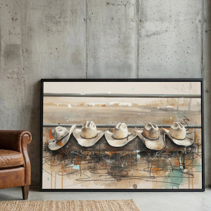 Cowboy hats line illustration wall art print with rustic tones