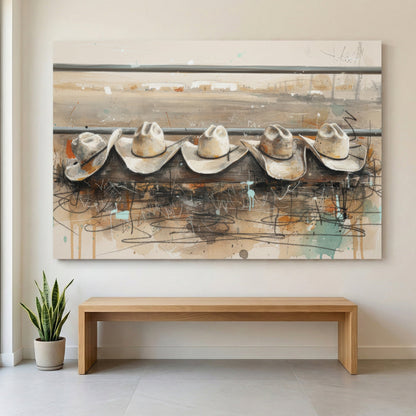 Cowboy hats line illustration wall art print with rustic tones