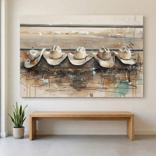 Cowboy hats line illustration wall art print with rustic tones