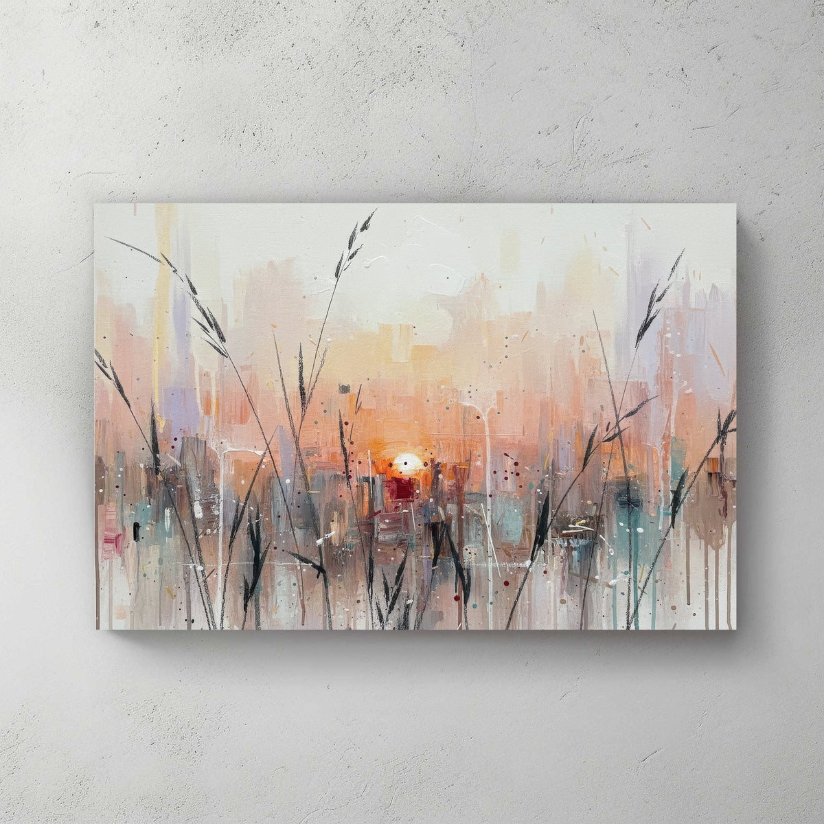 Urban cityscape sunset impressionist wall art print in soft tones