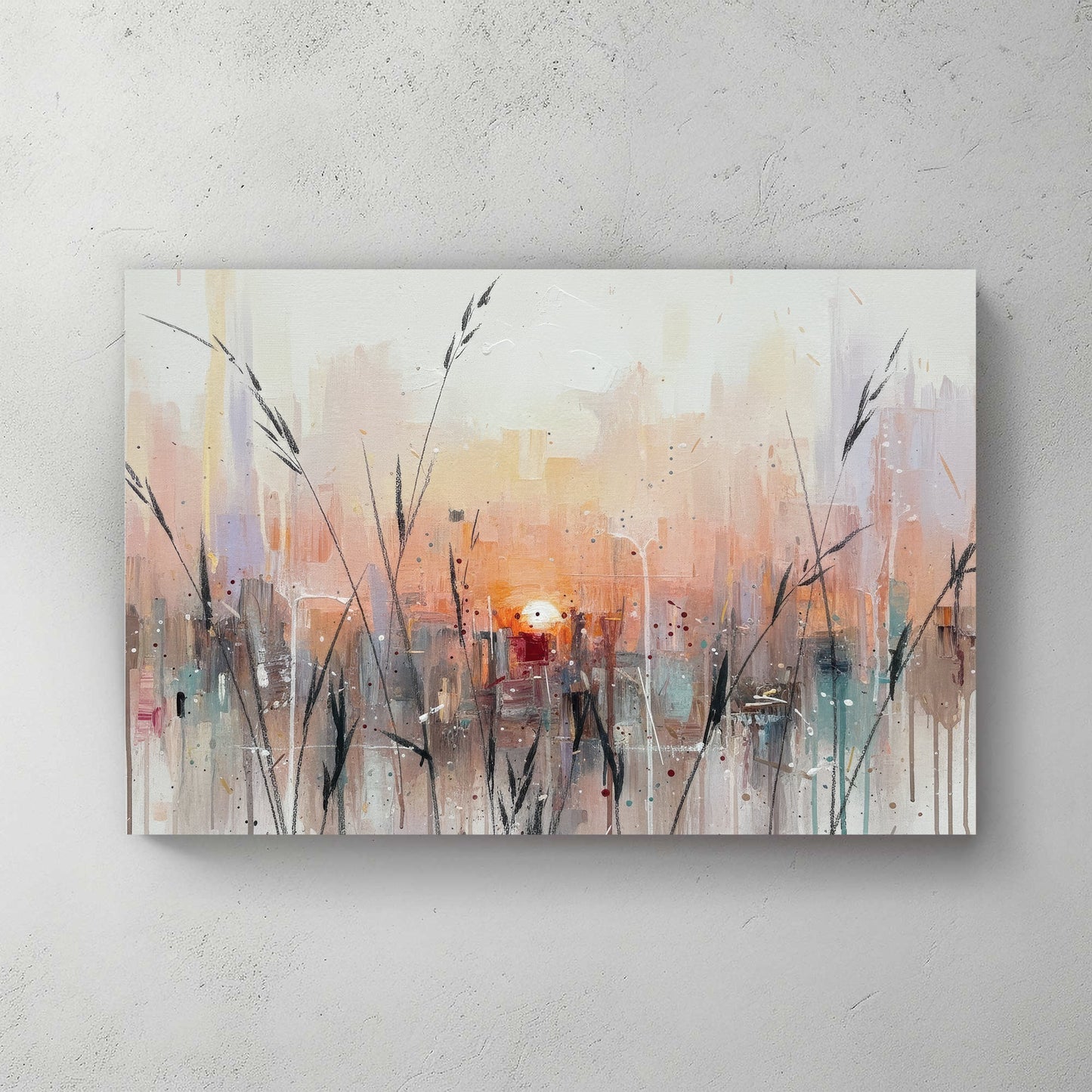 Urban cityscape sunset impressionist wall art print in soft tones