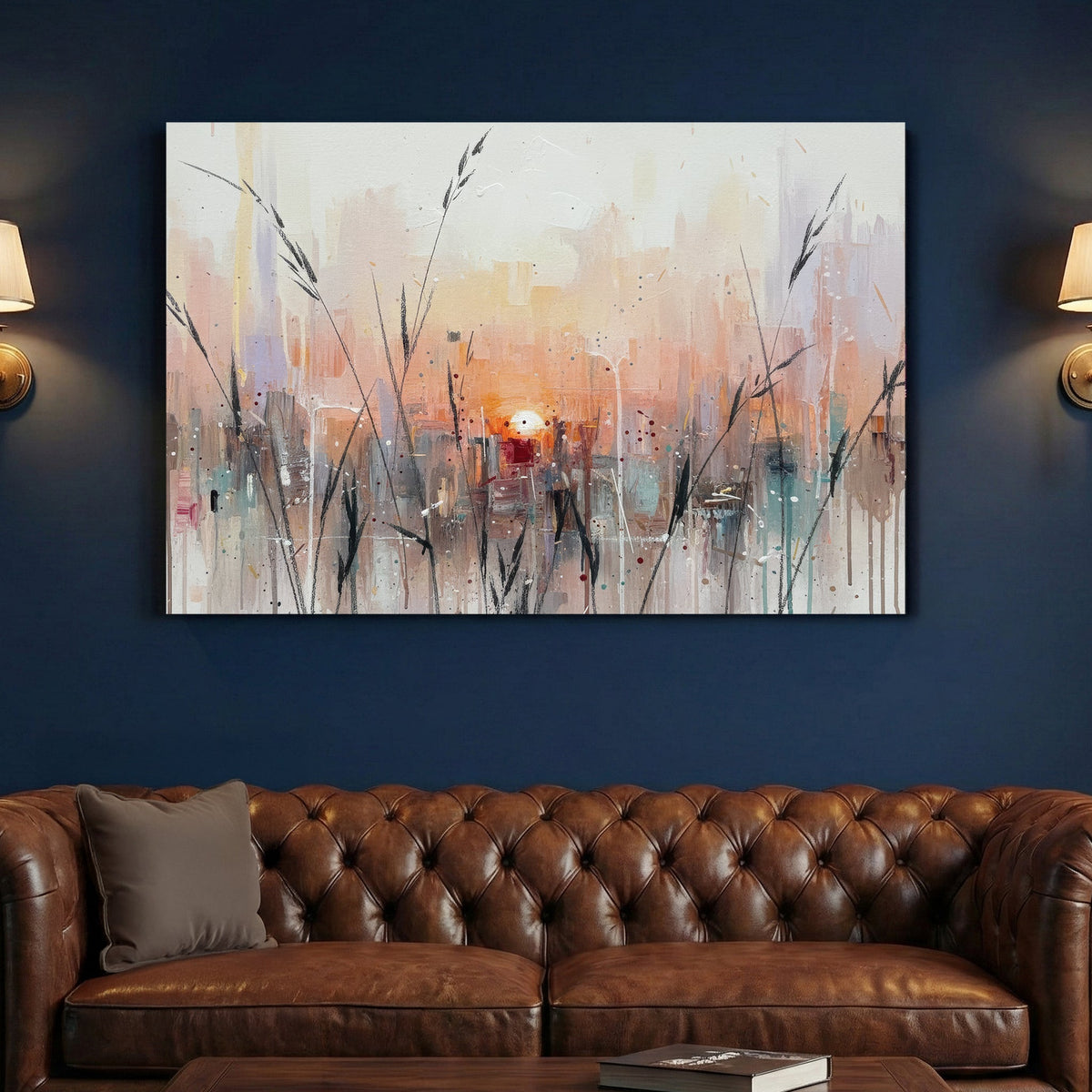 Urban cityscape sunset impressionist wall art print in soft tones