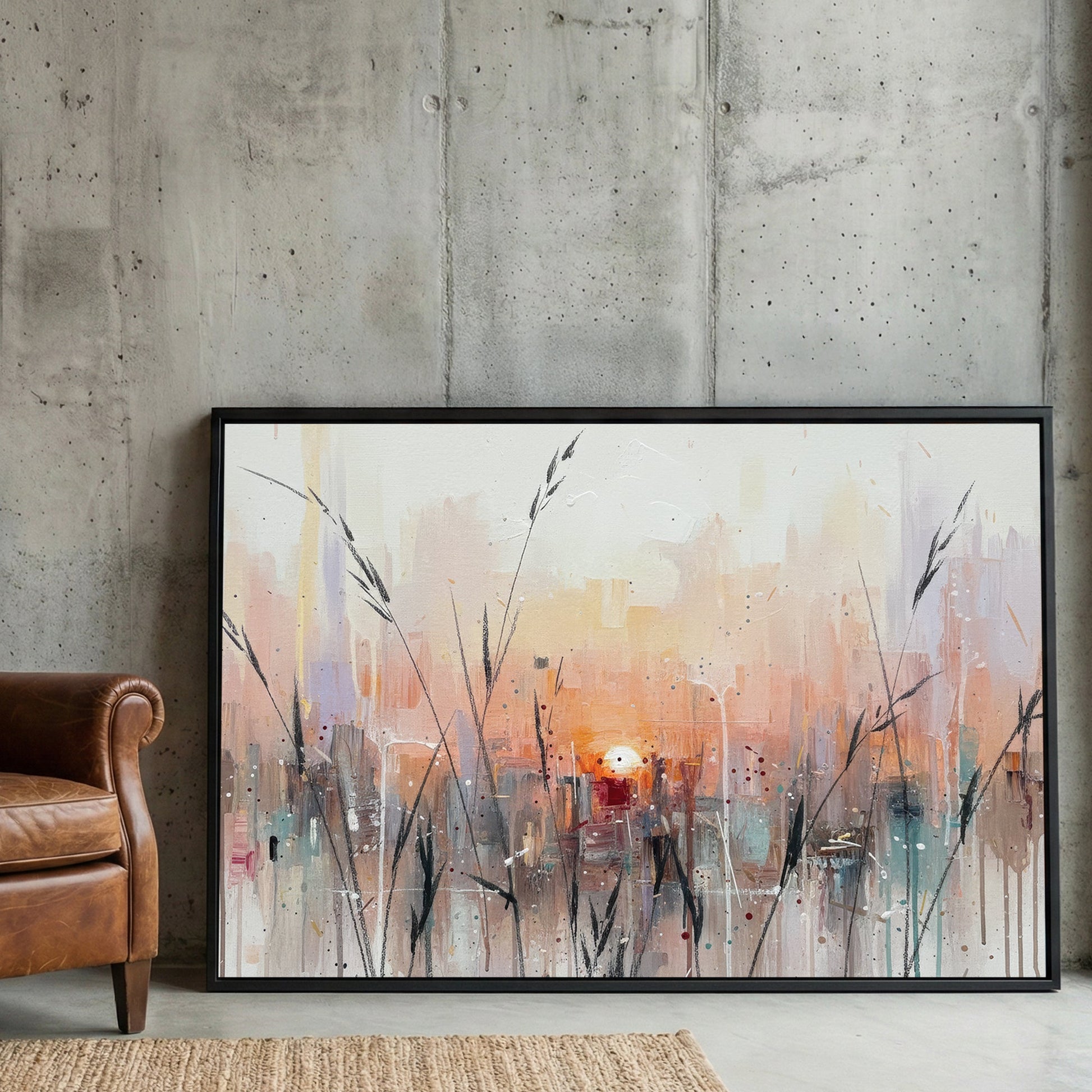 Urban cityscape sunset impressionist wall art print in soft tones