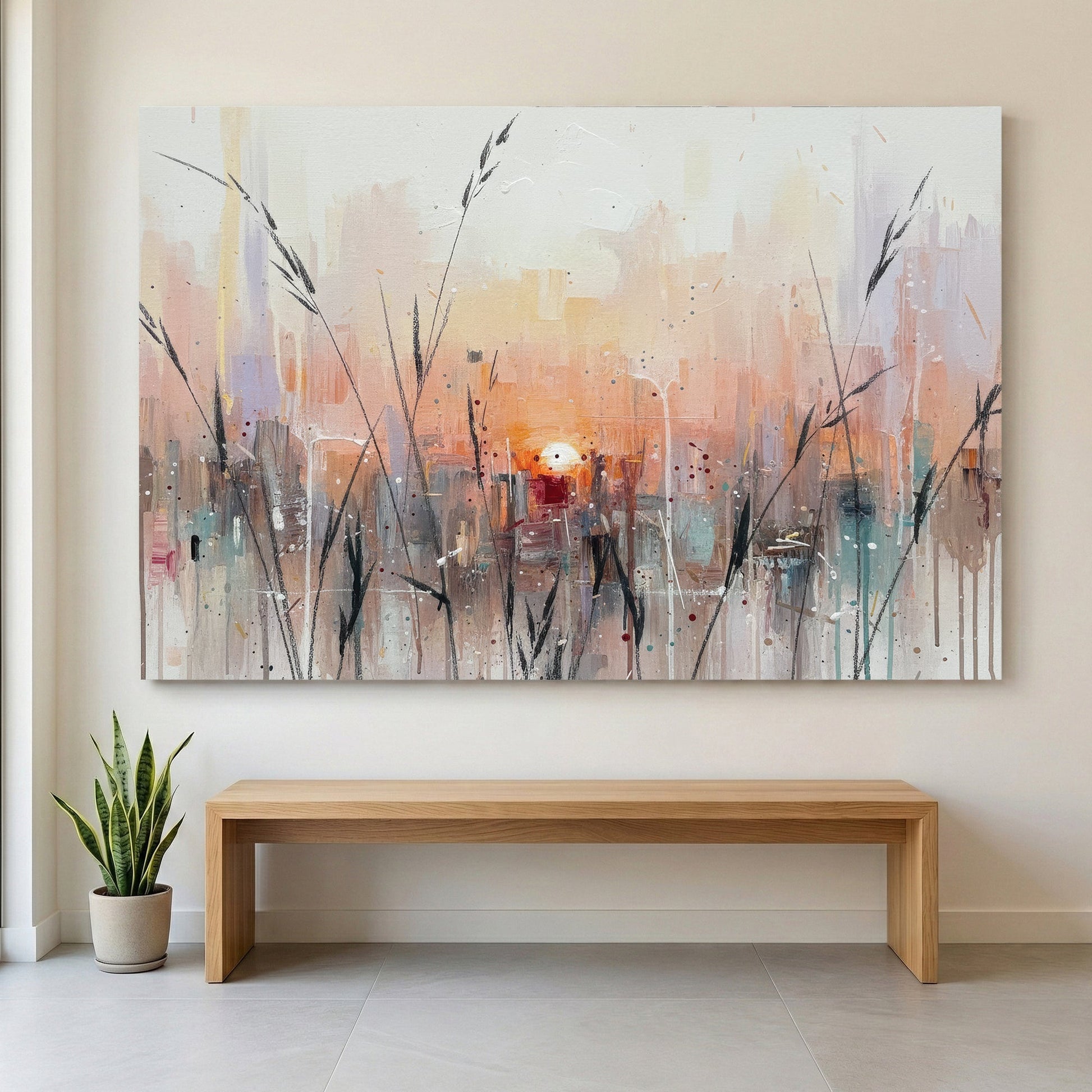 Urban cityscape sunset impressionist wall art print in soft tones