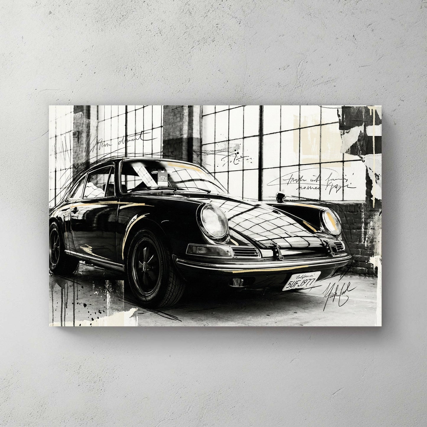 Porsche 911 sketch style wall art print with architectural grid background