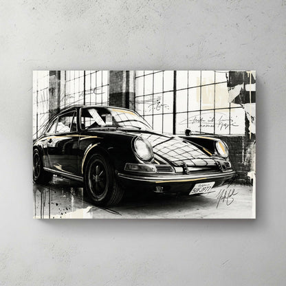 Porsche 911 sketch style wall art print with architectural grid background