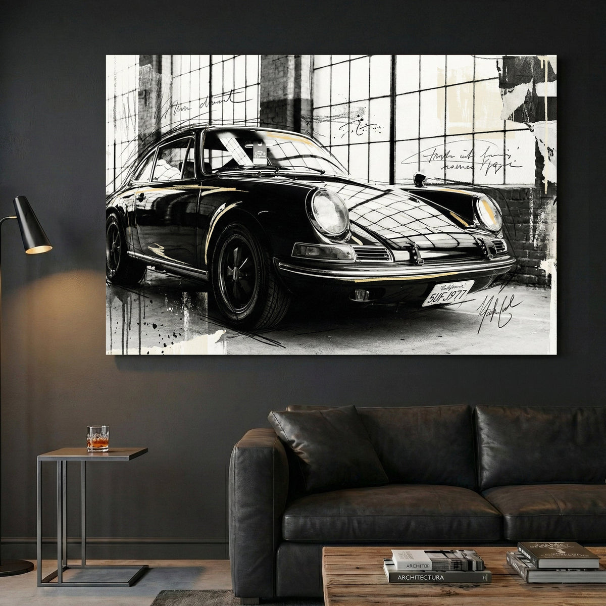 Porsche 911 sketch style wall art print with architectural grid background