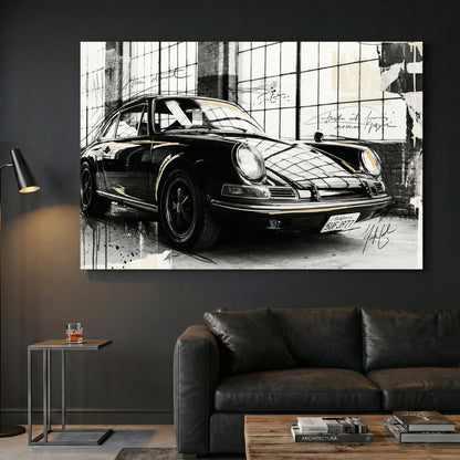 Porsche 911 sketch style wall art print with architectural grid background