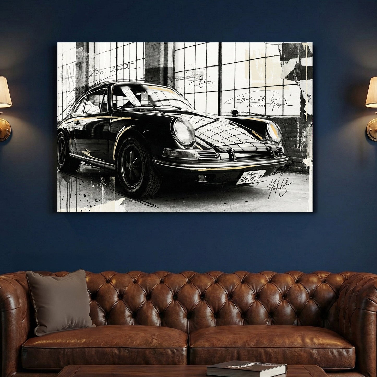 Porsche 911 sketch style wall art print with architectural grid background