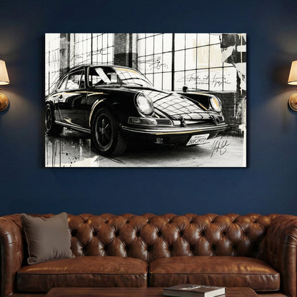 Porsche 911 sketch style wall art print with architectural grid background