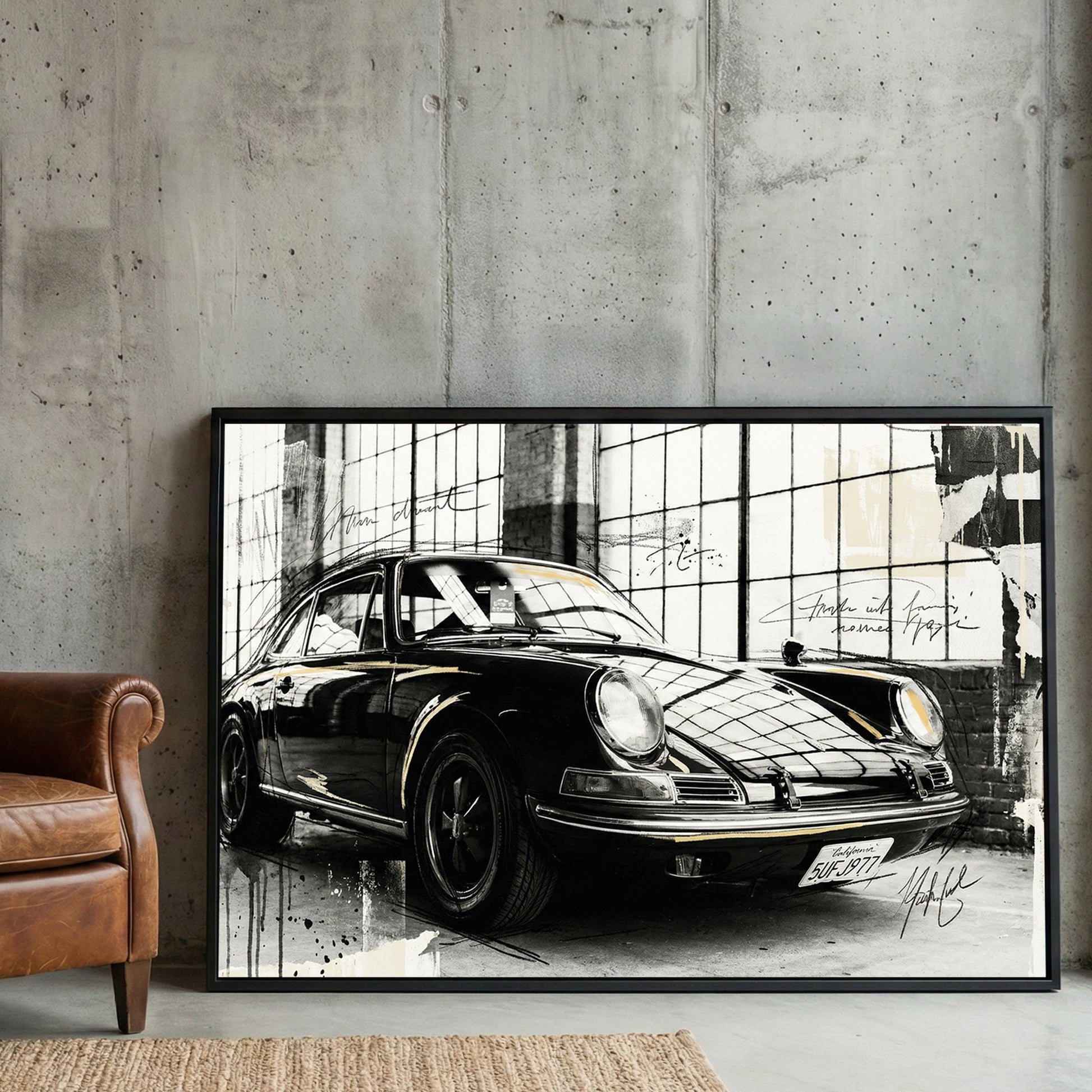 Porsche 911 sketch style wall art print with architectural grid background