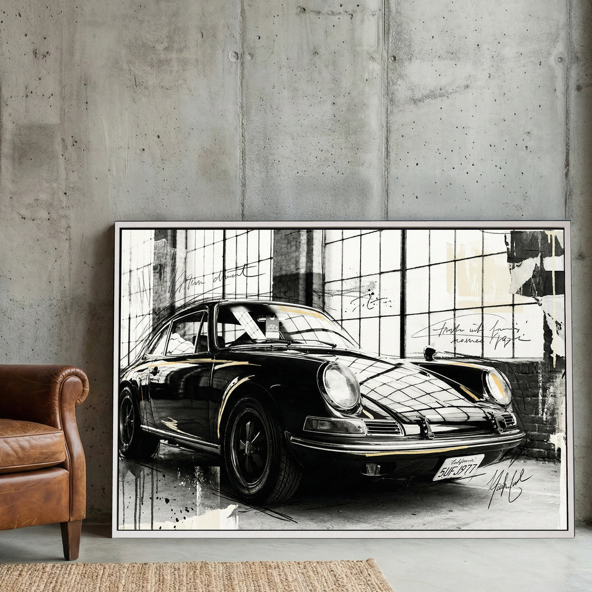 Porsche 911 sketch style wall art print with architectural grid background