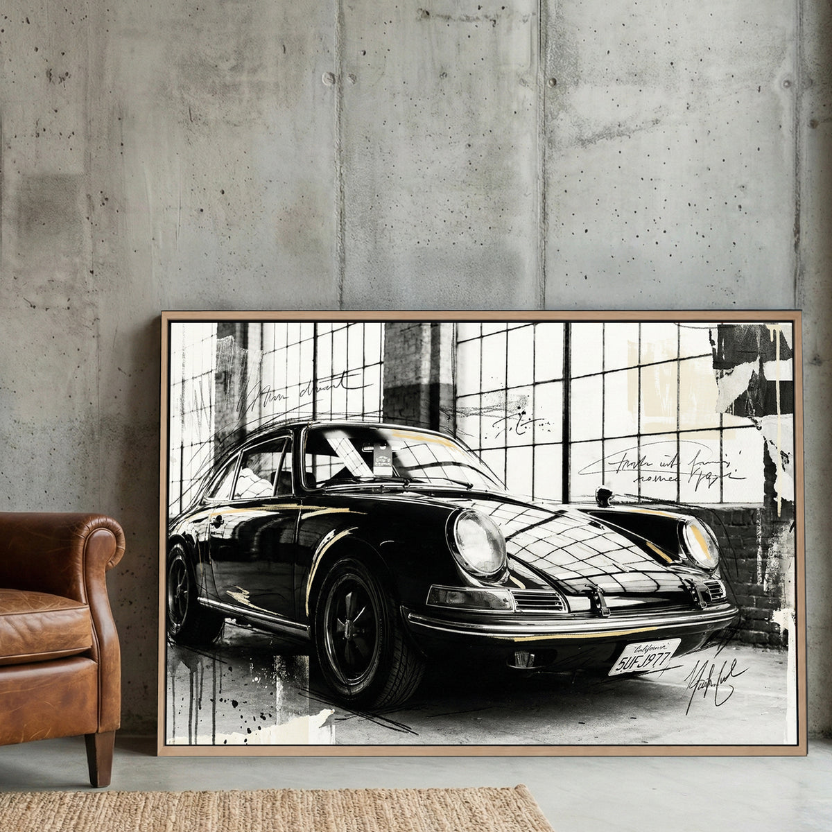 Porsche 911 sketch style wall art print with architectural grid background