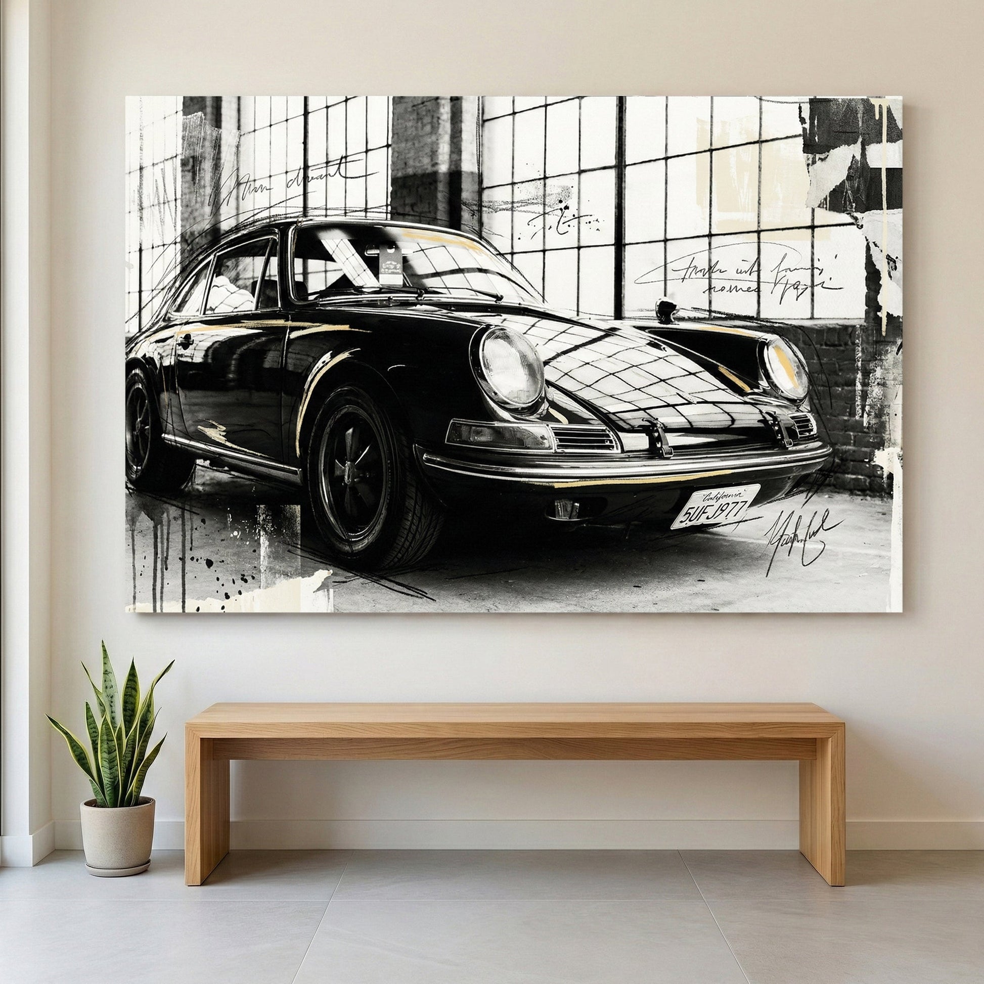 Porsche 911 sketch style wall art print with architectural grid background
