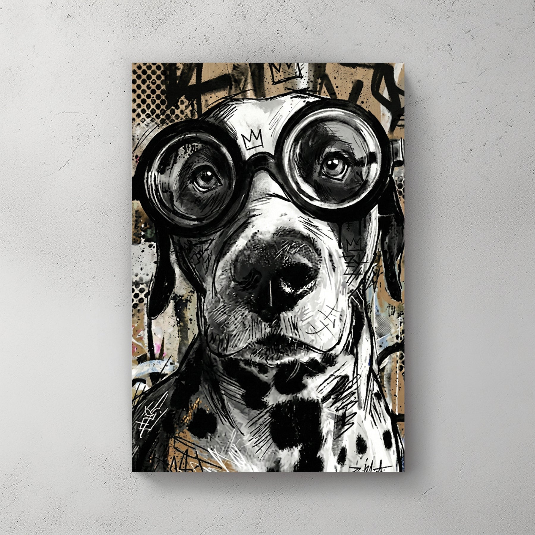 Dog wearing goggles street art playful wall art print