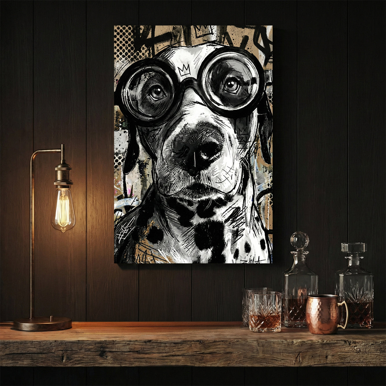 Dog wearing goggles street art playful wall art print