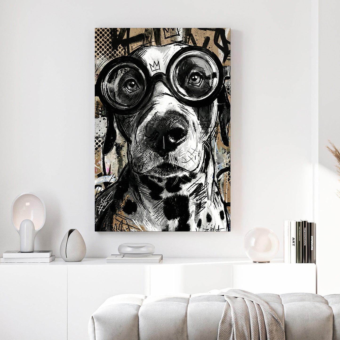 Dog wearing goggles street art playful wall art print