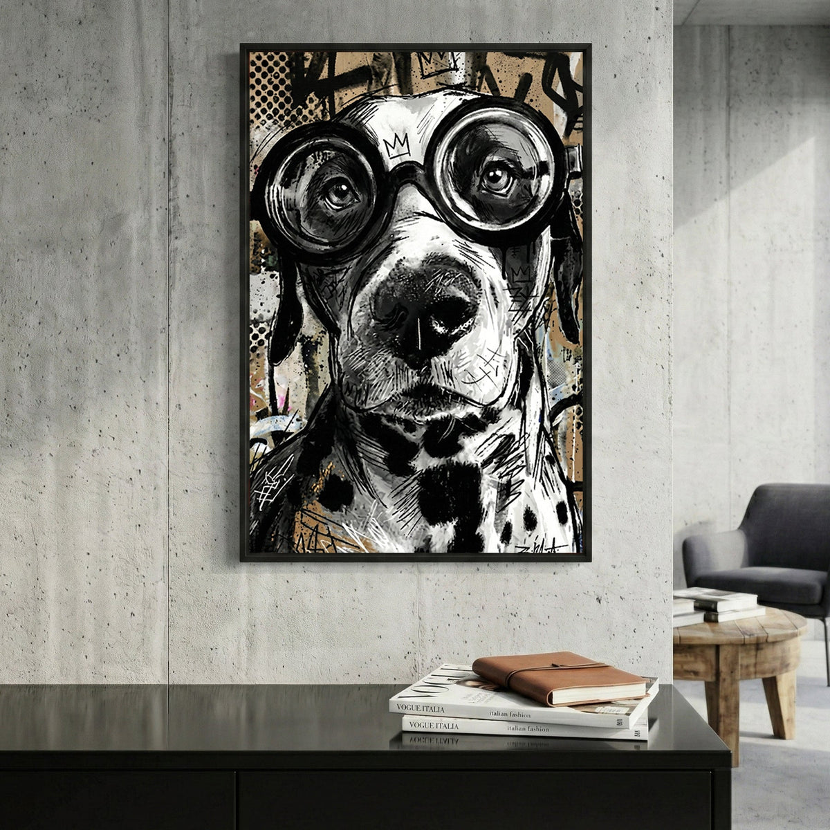 Dog wearing goggles street art playful wall art print