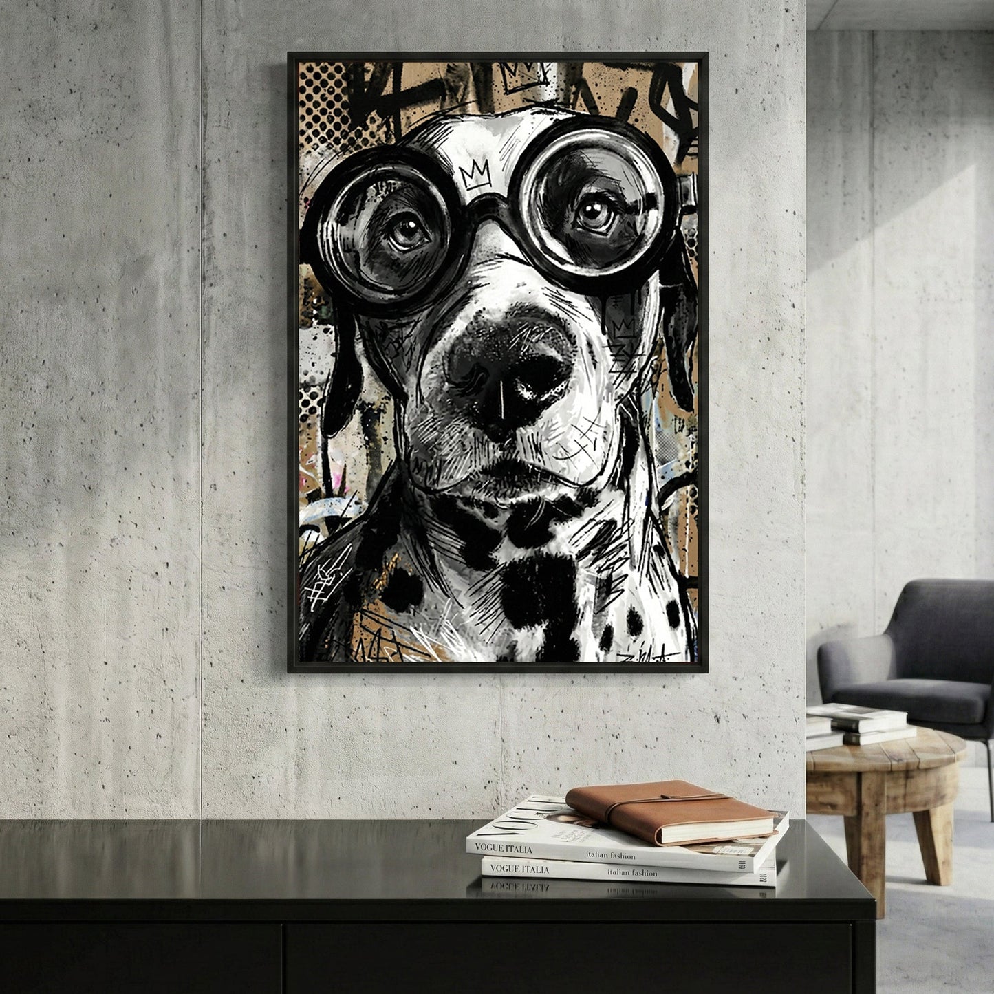 Dog wearing goggles street art playful wall art print