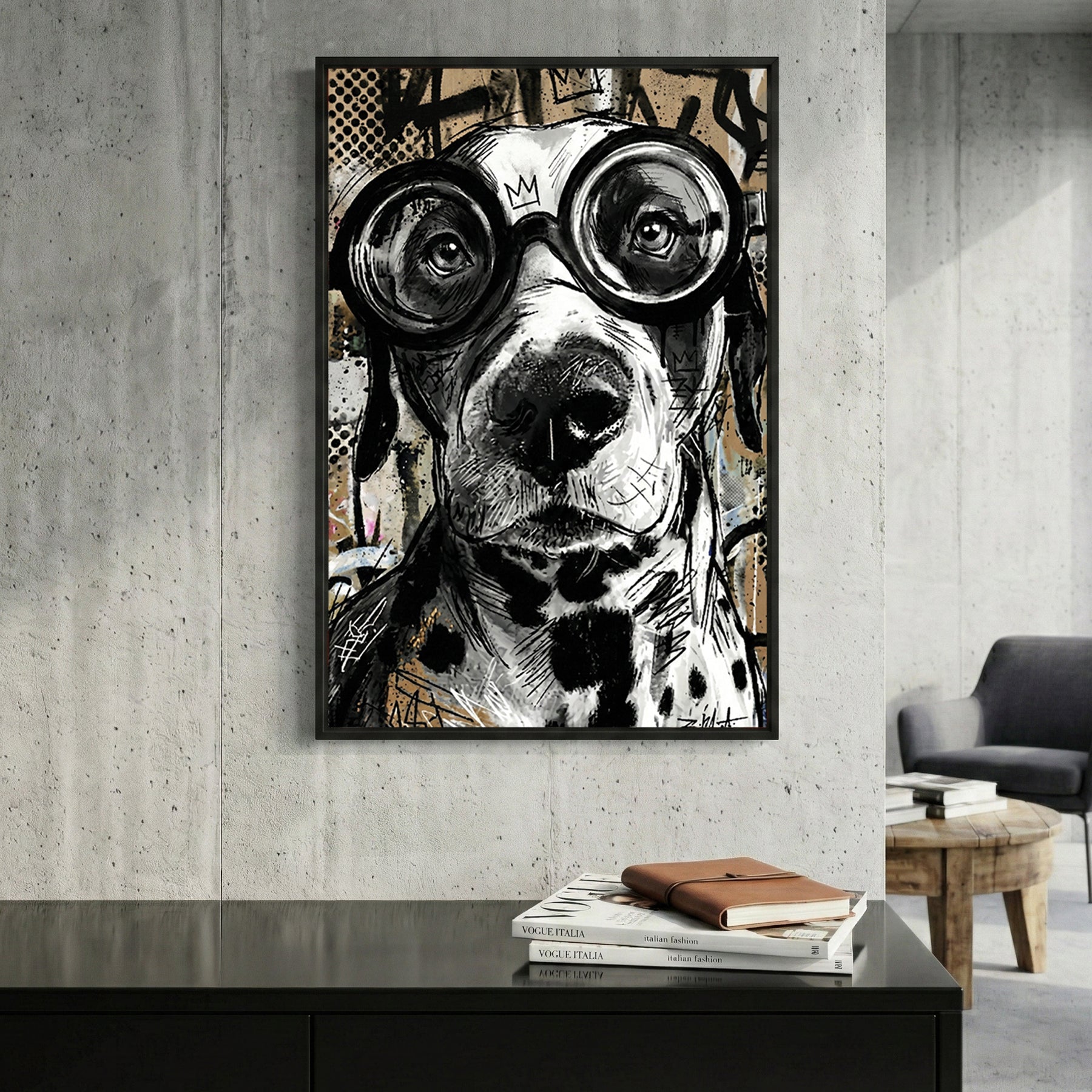 Dog wearing goggles street art playful wall art print