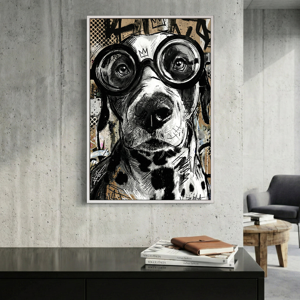 Dog wearing goggles street art playful wall art print