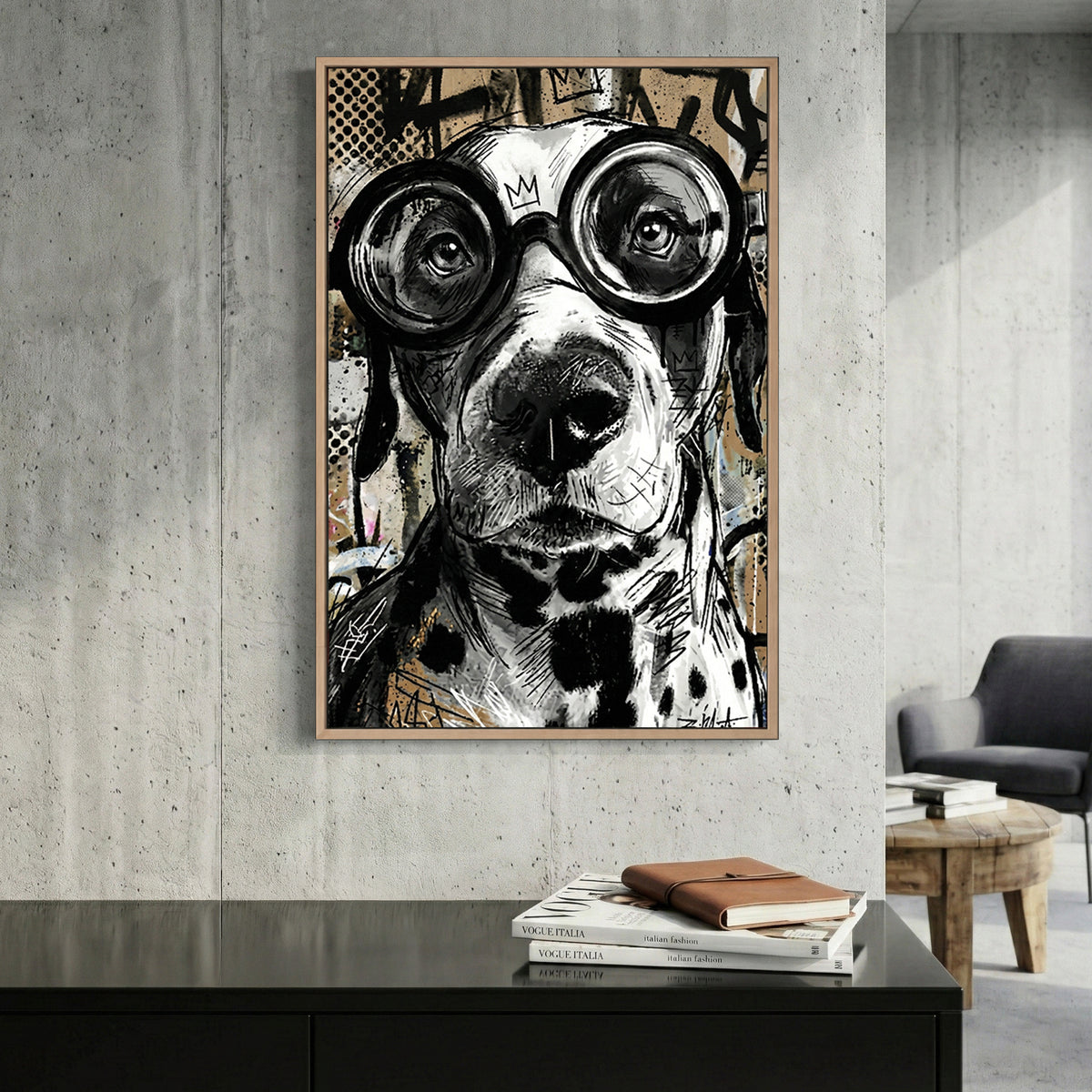 Dog wearing goggles street art playful wall art print