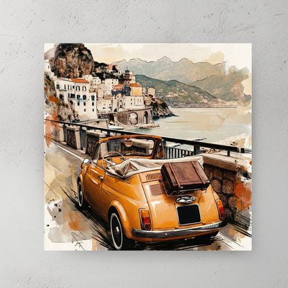 Vintage Fiat 500 convertible Amalfi Coast watercolour travel art