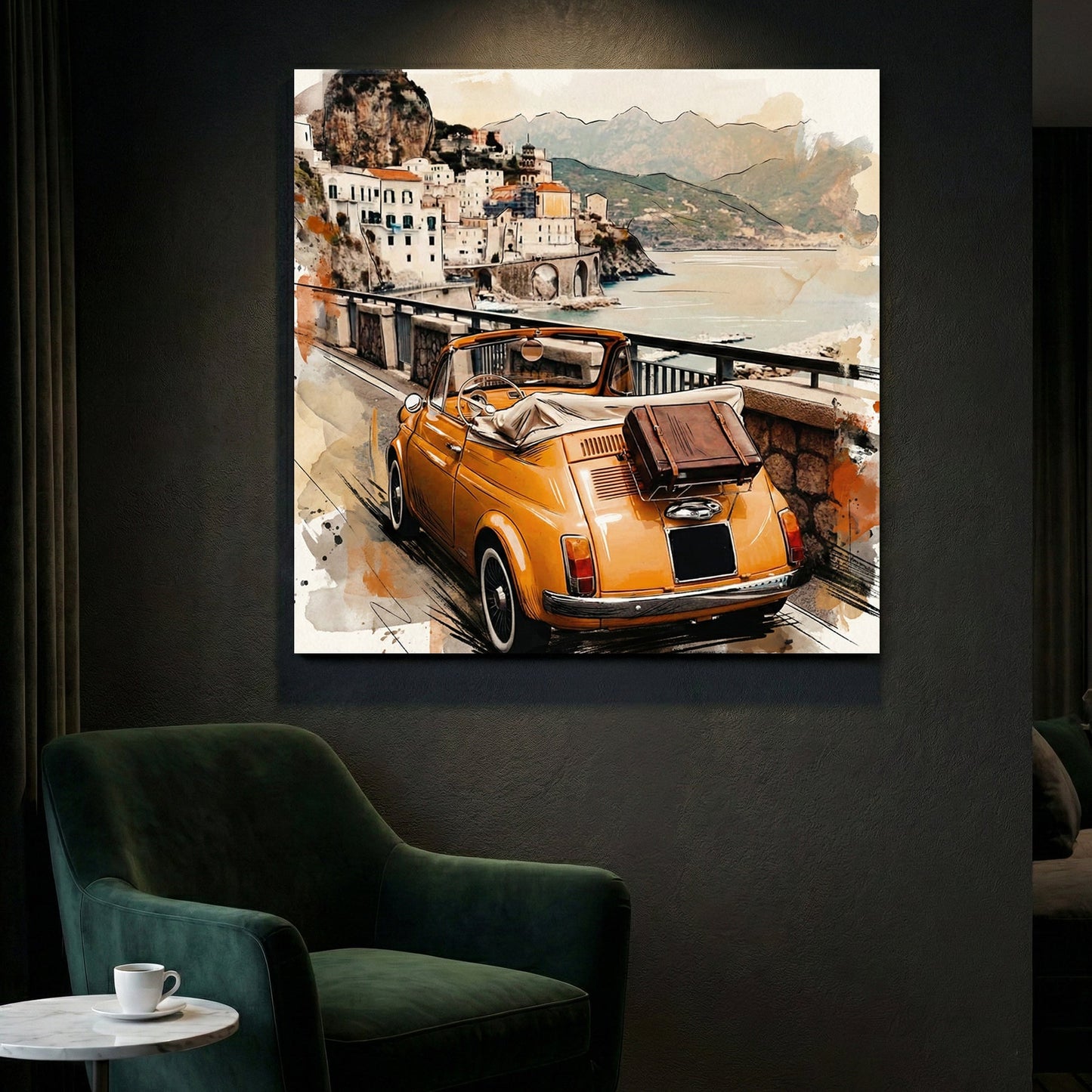 Vintage Fiat 500 convertible Amalfi Coast watercolour travel art