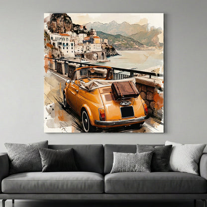 Vintage Fiat 500 convertible Amalfi Coast watercolour travel art